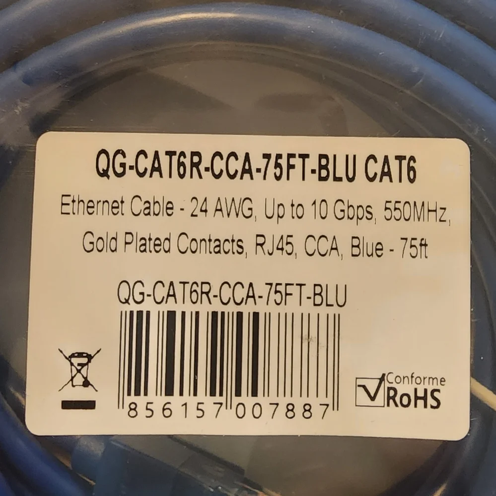 QualGear High Speed Internet & Ethernet Cable CAT 6 24 AWG 1Gbps 250MHz 75Feet